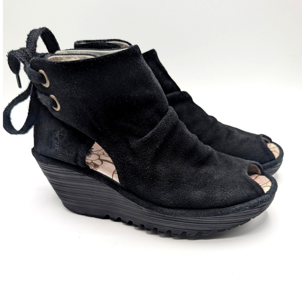 Fly London Black Suede Peep Toe Wedge Bootie Sandals 37 Womens 6.5 dark fairy